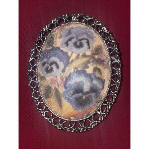 Vintage Blue Pansy Flower Faux Pearl Sugar Brooch Pendant